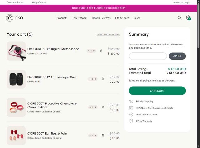 Eko Health checkout page showing Eko Health discount code box | Screenshot taken by SimplyCodes community member on Sep 2, 2025