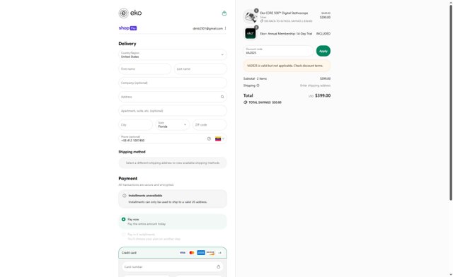 Eko Health checkout page showing Eko Health discount code box | Screenshot taken by SimplyCodes community member on Aug 19, 2025