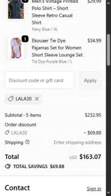LALA30 coupon verification screenshot