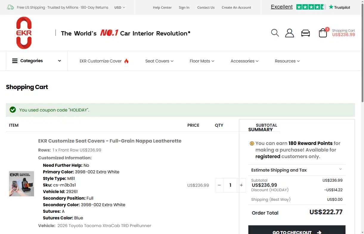 EKRCOVER checkout page showing EKRCOVER discount code box | Screenshot taken by SimplyCodes community member on Jan 10, 2026