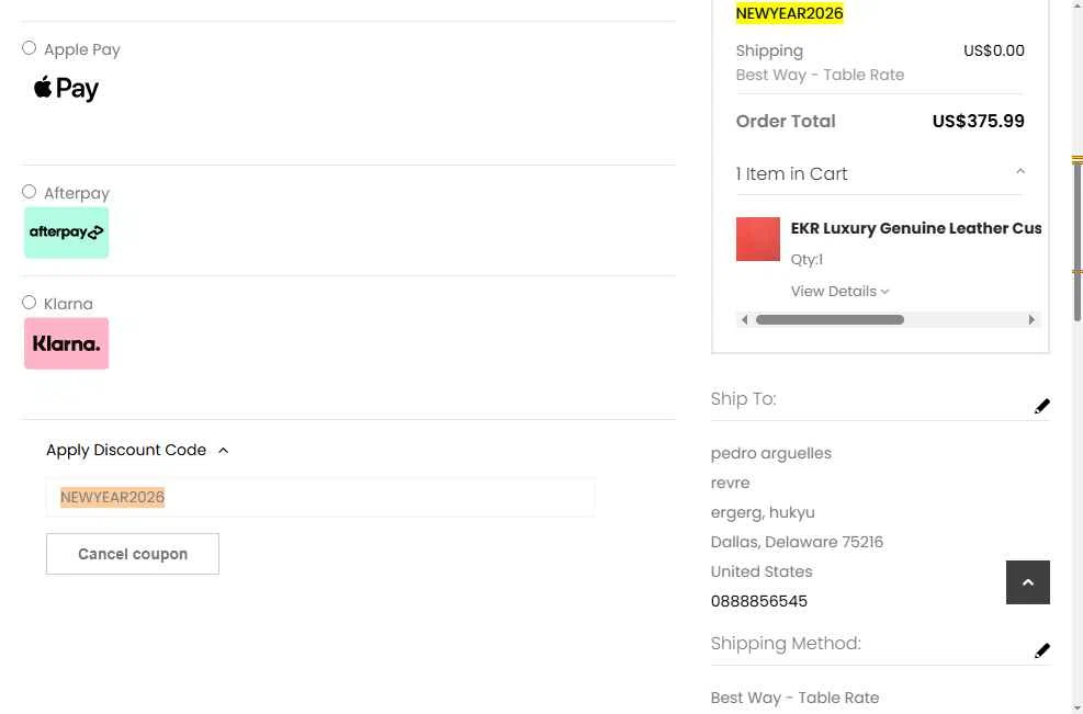 EKRCOVER checkout page showing EKRCOVER discount code box | Screenshot taken by SimplyCodes community member on Jan 10, 2026
