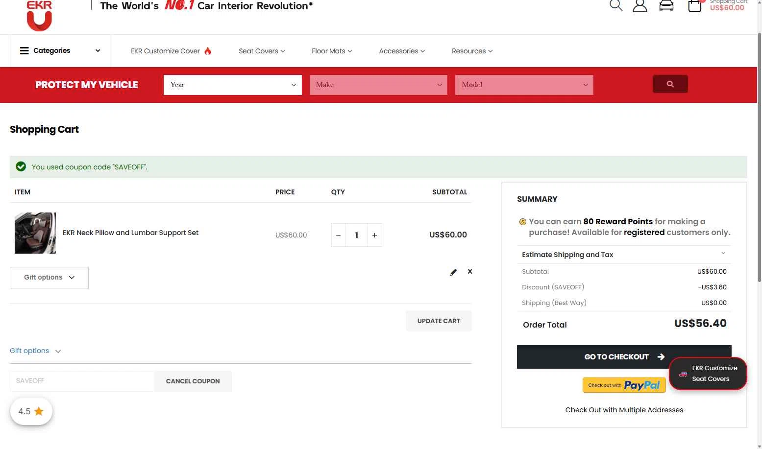 EKRCOVER checkout page showing EKRCOVER discount code box | Screenshot taken by SimplyCodes community member on Jan 10, 2026