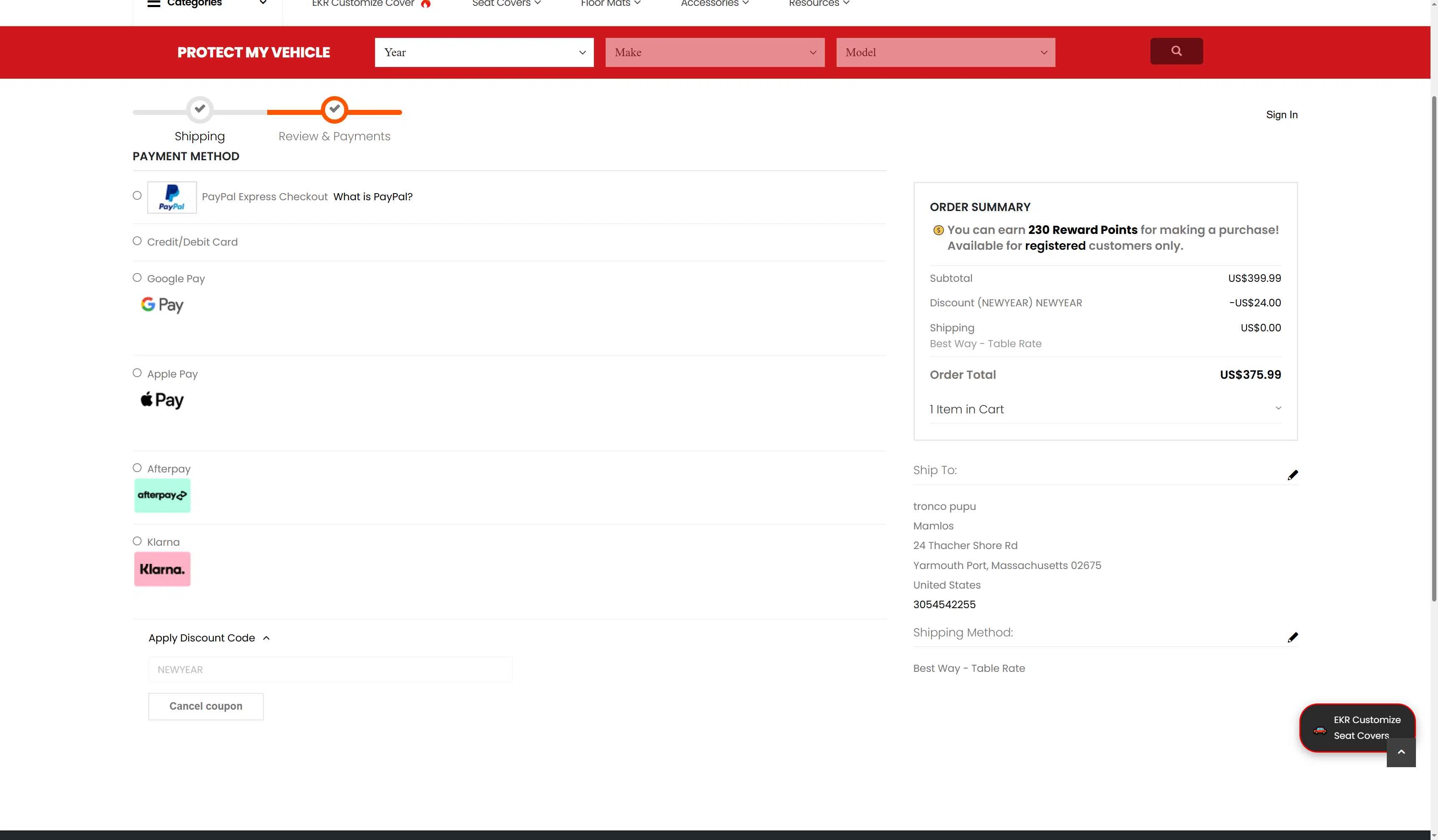 EKRCOVER checkout page showing EKRCOVER discount code box | Screenshot taken by SimplyCodes community member on Jan 10, 2026