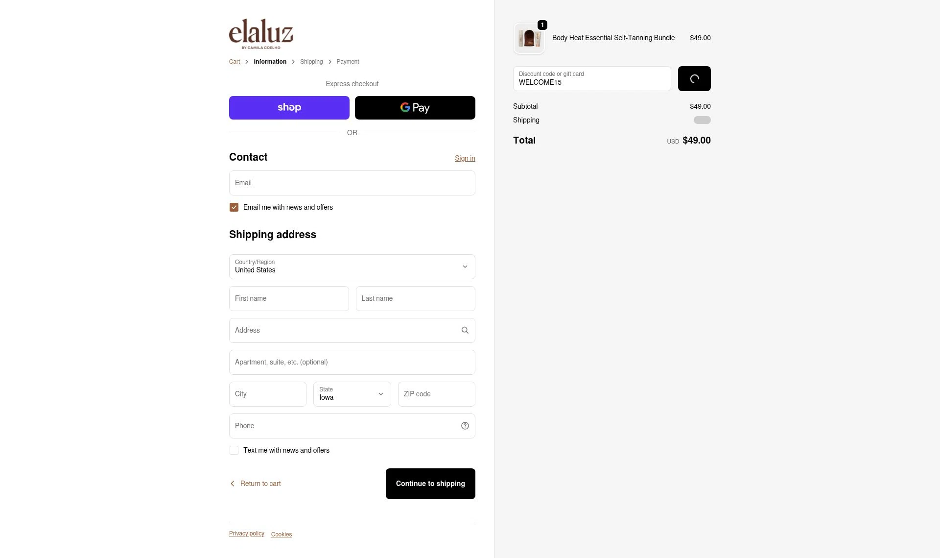 Elaluz checkout page showing Elaluz discount code box | Screenshot taken by SimplyCodes community member on Feb 8, 2026