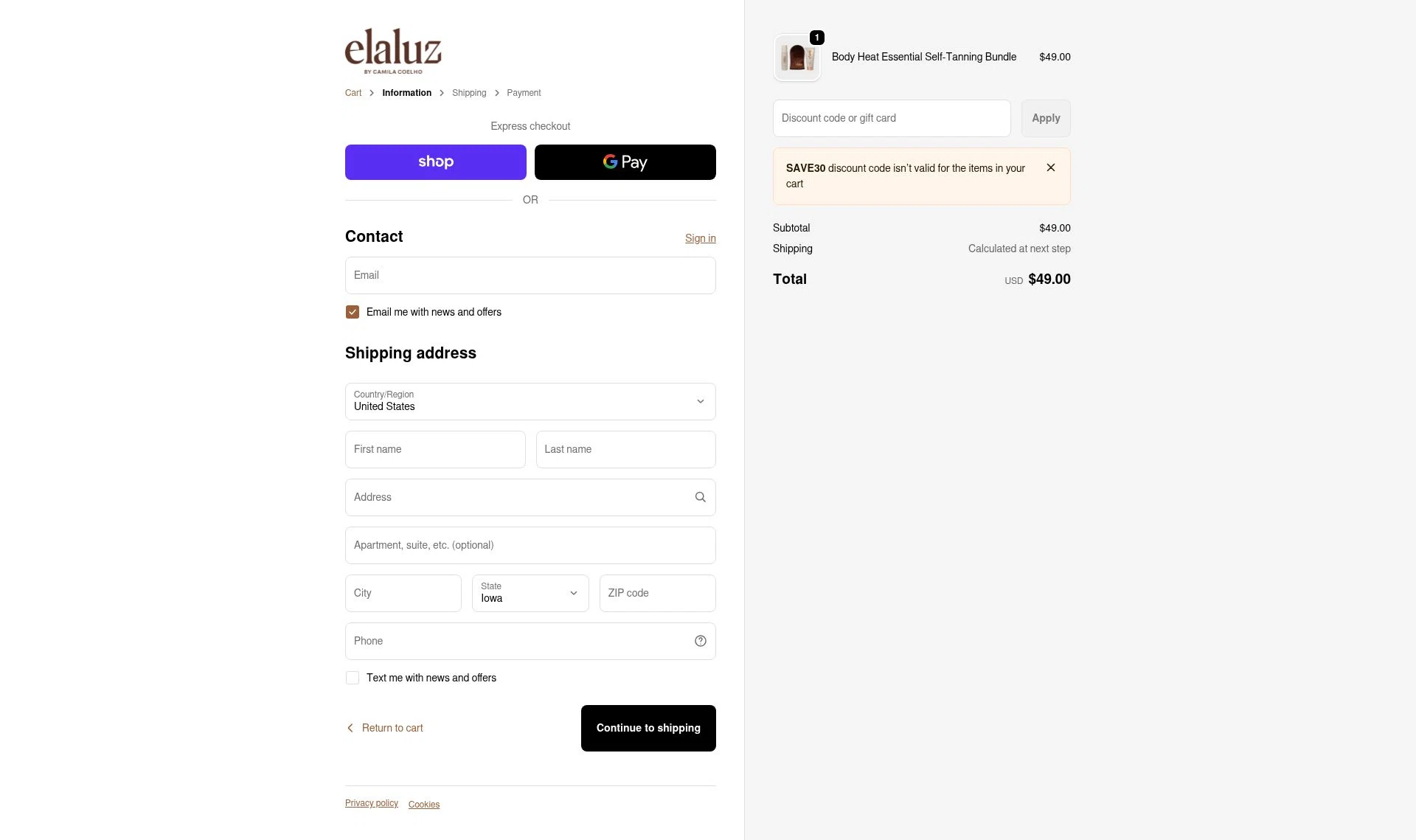 Elaluz checkout page showing Elaluz discount code box | Screenshot taken by SimplyCodes community member on Feb 8, 2026
