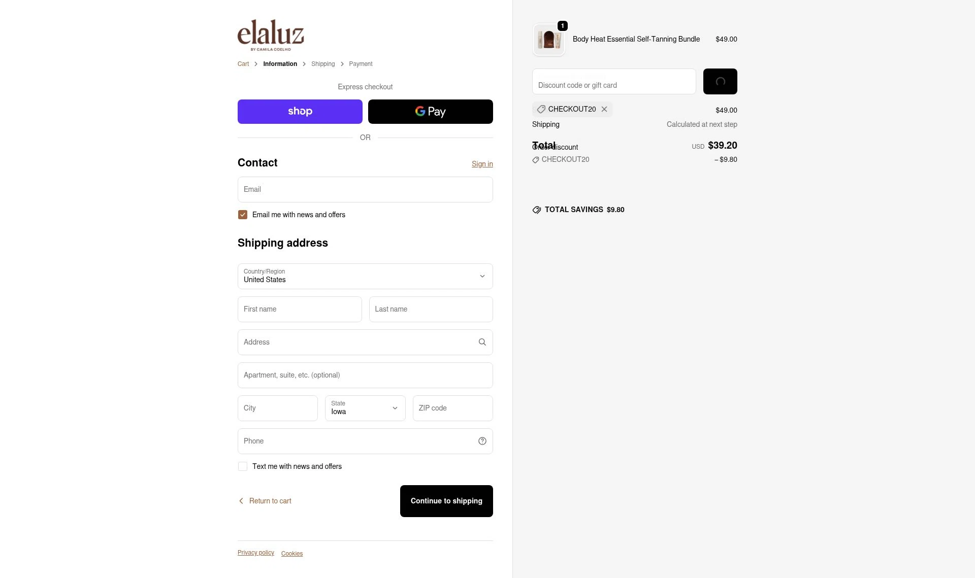 Elaluz checkout page showing Elaluz discount code box | Screenshot taken by SimplyCodes community member on Feb 8, 2026
