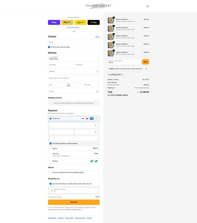 Eleanos Gallery checkout page showing Eleanos Gallery promo code box | Screenshot taken by SimplyCodes community member on Oct 5, 2025