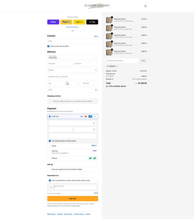 Eleanos Gallery checkout page showing Eleanos Gallery promo code box | Screenshot taken by SimplyCodes community member on Oct 5, 2025