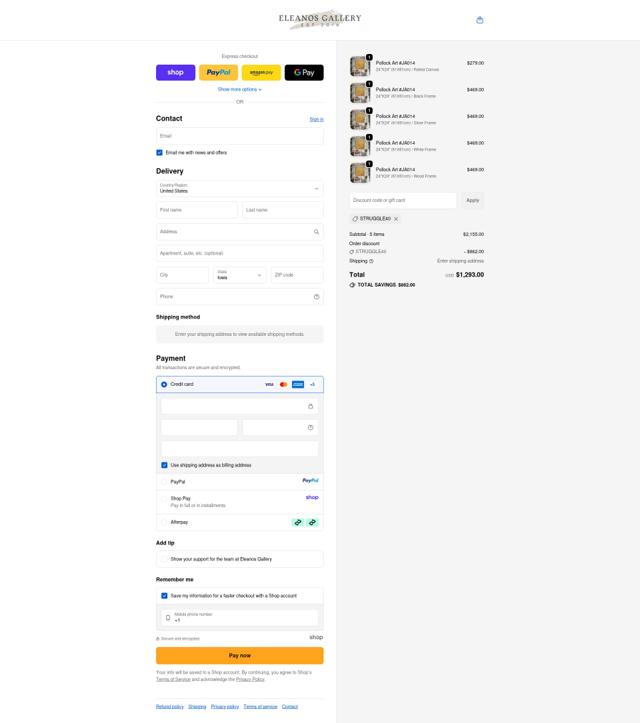 Eleanos Gallery checkout page showing Eleanos Gallery promo code box | Screenshot taken by SimplyCodes community member on Oct 5, 2025