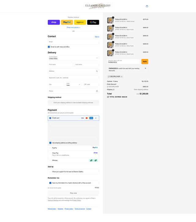 Eleanos Gallery checkout page showing Eleanos Gallery promo code box | Screenshot taken by SimplyCodes community member on Oct 5, 2025