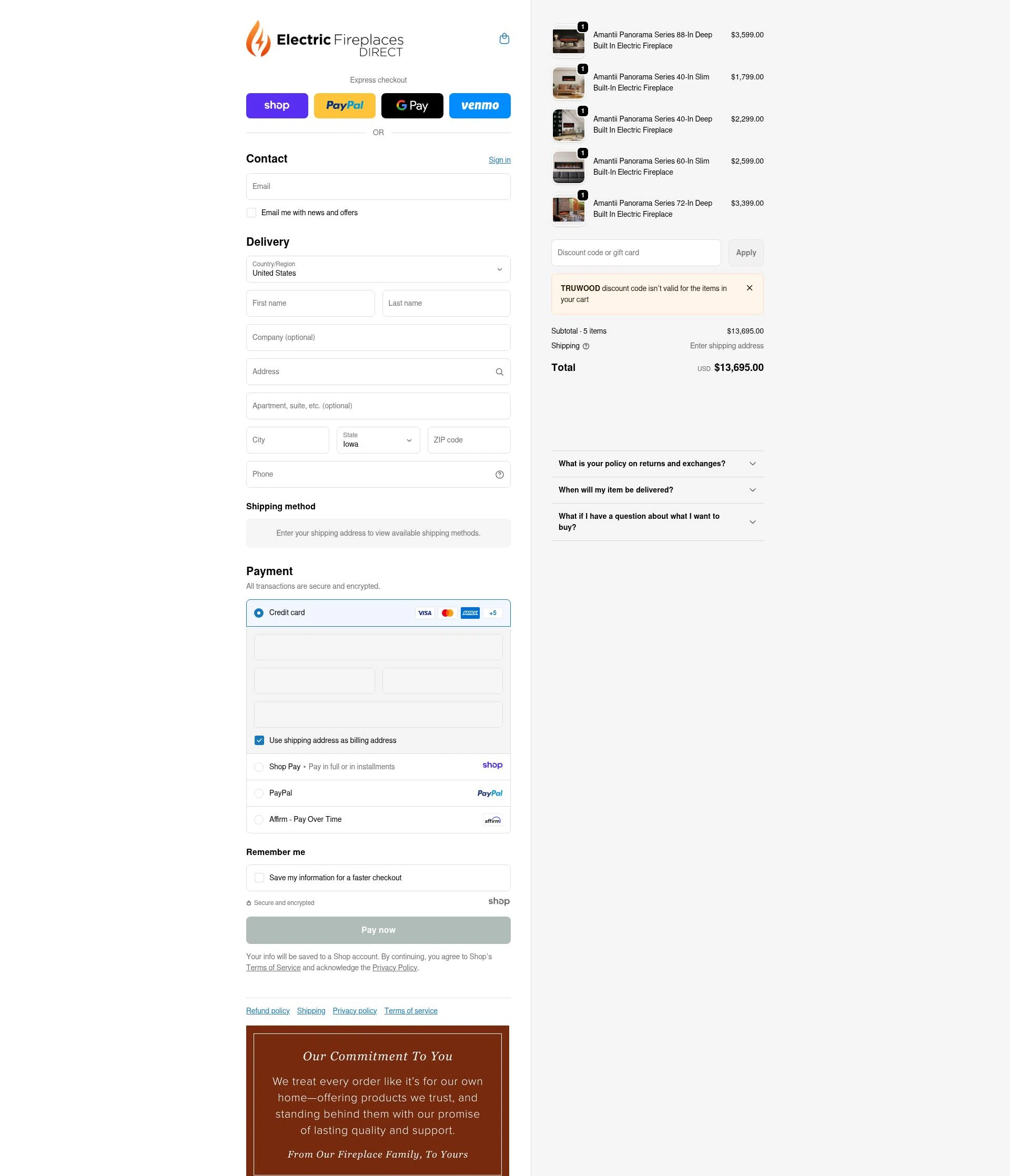Electric Fireplaces Direct checkout page showing Electric Fireplaces Direct promo code box | Screenshot taken by SimplyCodes community member on Dec 31, 2025