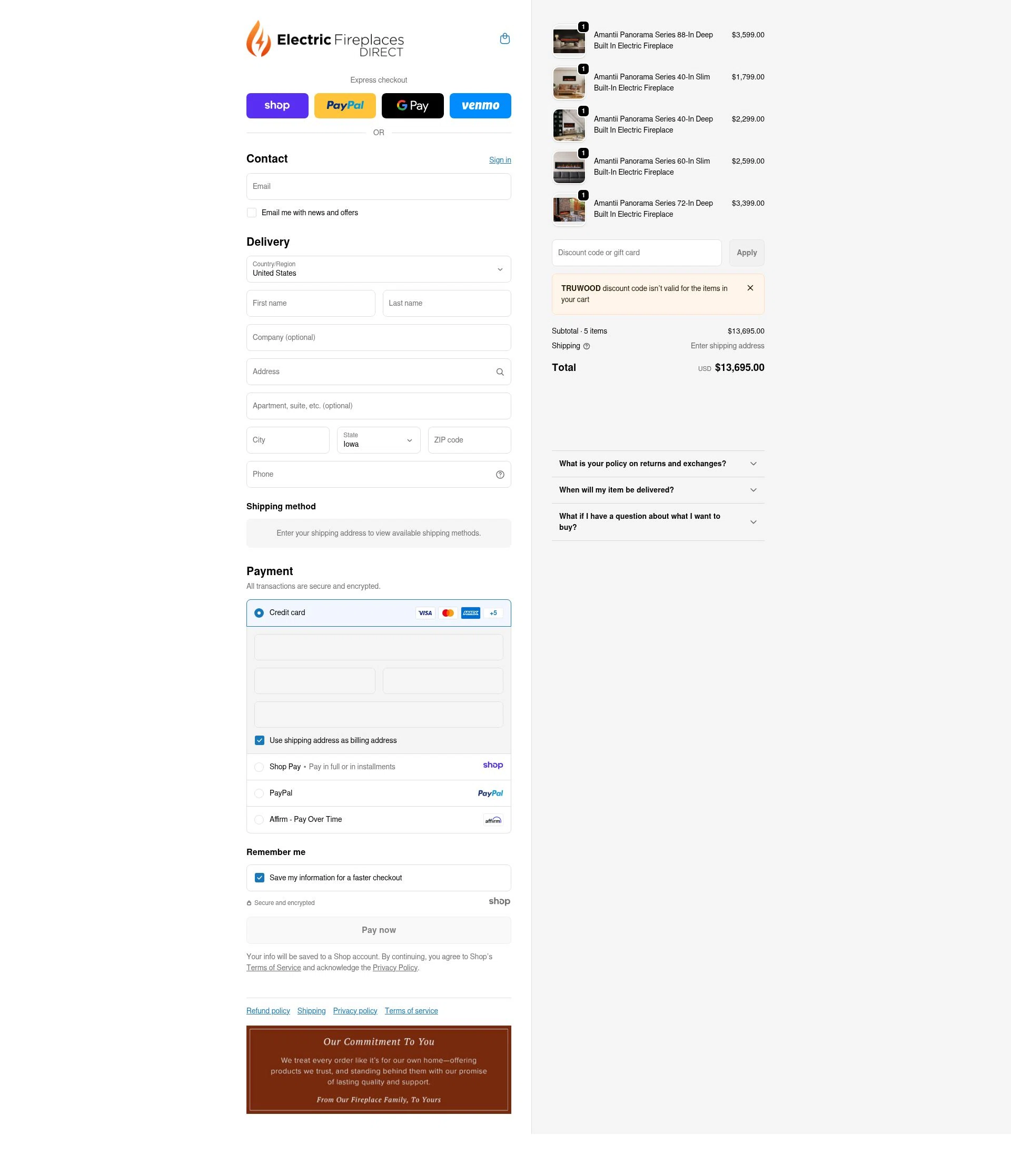 Electric Fireplaces Direct checkout page showing Electric Fireplaces Direct promo code box | Screenshot taken by SimplyCodes community member on Dec 26, 2025