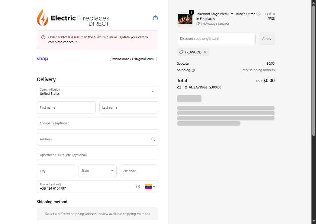 Electric Fireplaces Direct checkout page showing Electric Fireplaces Direct promo code box | Screenshot taken by SimplyCodes community member on Dec 7, 2025