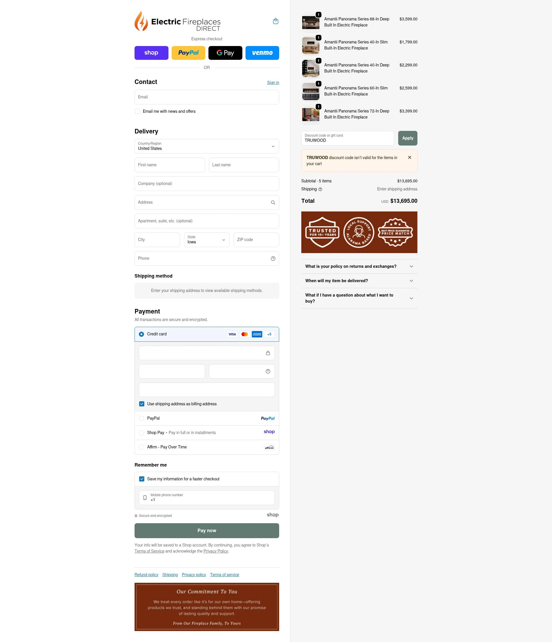 Electric Fireplaces Direct checkout page showing Electric Fireplaces Direct promo code box | Screenshot taken by SimplyCodes community member on Dec 13, 2025