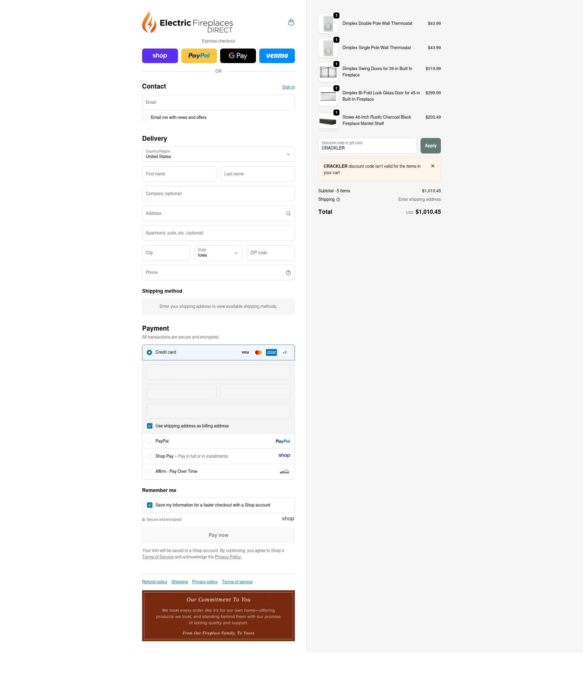 Electric Fireplaces Direct checkout page showing Electric Fireplaces Direct promo code box | Screenshot taken by SimplyCodes community member on Dec 2, 2025