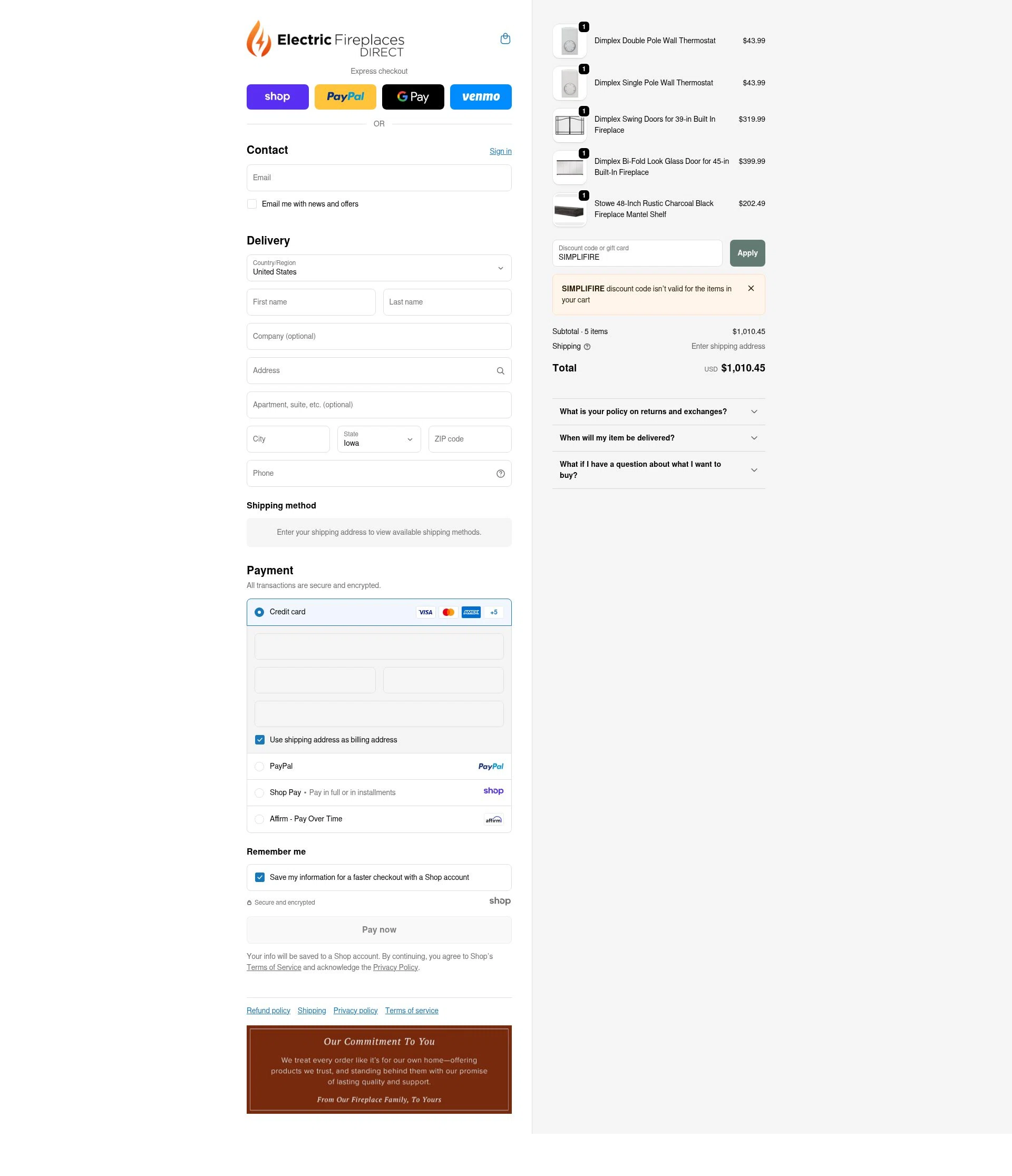 Electric Fireplaces Direct checkout page showing Electric Fireplaces Direct promo code box | Screenshot taken by SimplyCodes community member on Dec 2, 2025