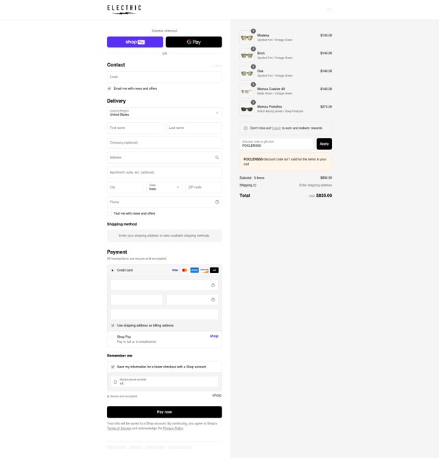 Electric checkout page showing Electric promo code box | Screenshot taken by SimplyCodes community member on Aug 28, 2025