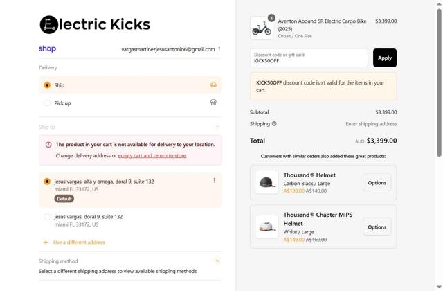 Electric Kicks AU checkout page showing Electric Kicks AU promo code box | Screenshot taken by SimplyCodes community member on Sep 1, 2025