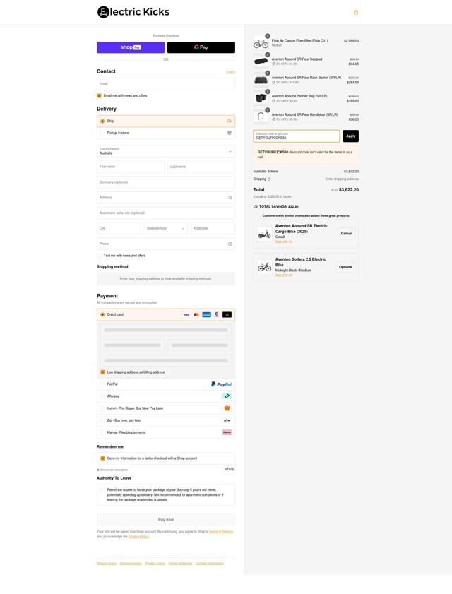 Electric Kicks AU checkout page showing Electric Kicks AU promo code box | Screenshot taken by SimplyCodes community member on Mar 1, 2025