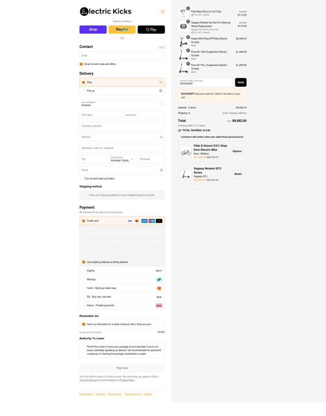 Electric Kicks AU checkout page showing Electric Kicks AU promo code box | Screenshot taken by SimplyCodes community member on Aug 29, 2025