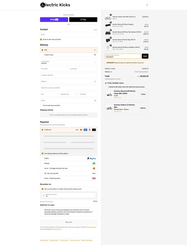 Electric Kicks AU checkout page showing Electric Kicks AU promo code box | Screenshot taken by SimplyCodes community member on Mar 1, 2025