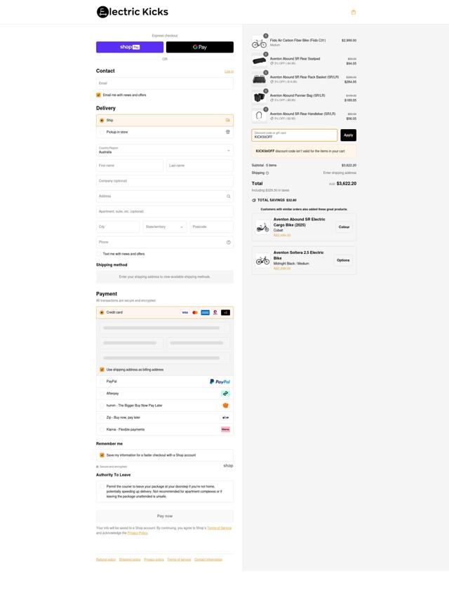 Electric Kicks AU checkout page showing Electric Kicks AU promo code box | Screenshot taken by SimplyCodes community member on Feb 28, 2025