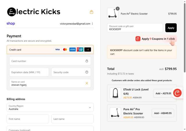 Electric Kicks AU checkout page showing Electric Kicks AU promo code box | Screenshot taken by SimplyCodes community member on Sep 1, 2025