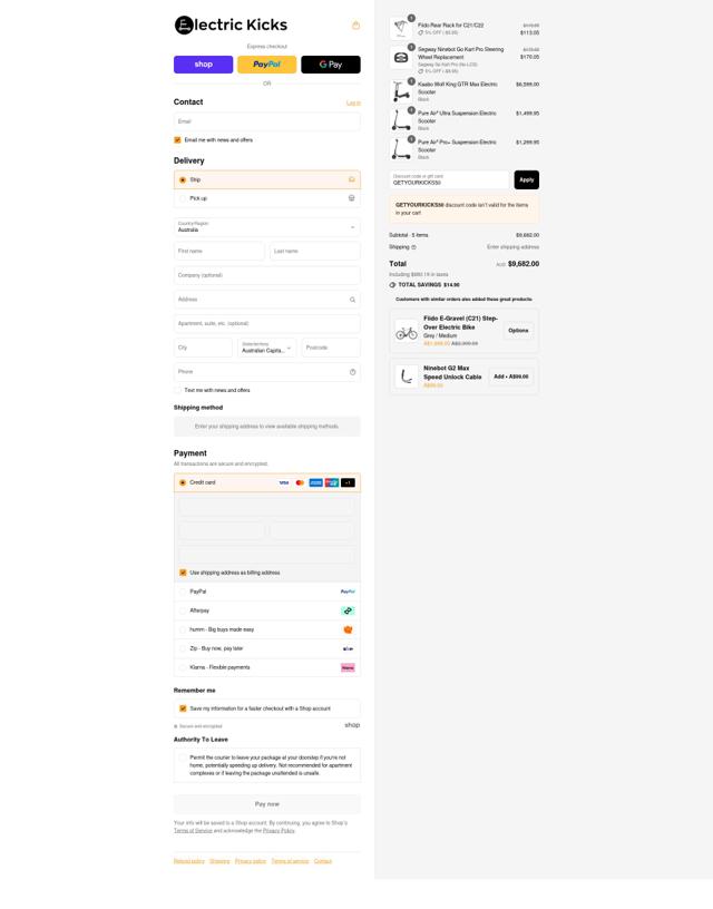 Electric Kicks AU checkout page showing Electric Kicks AU promo code box | Screenshot taken by SimplyCodes community member on Sep 1, 2025