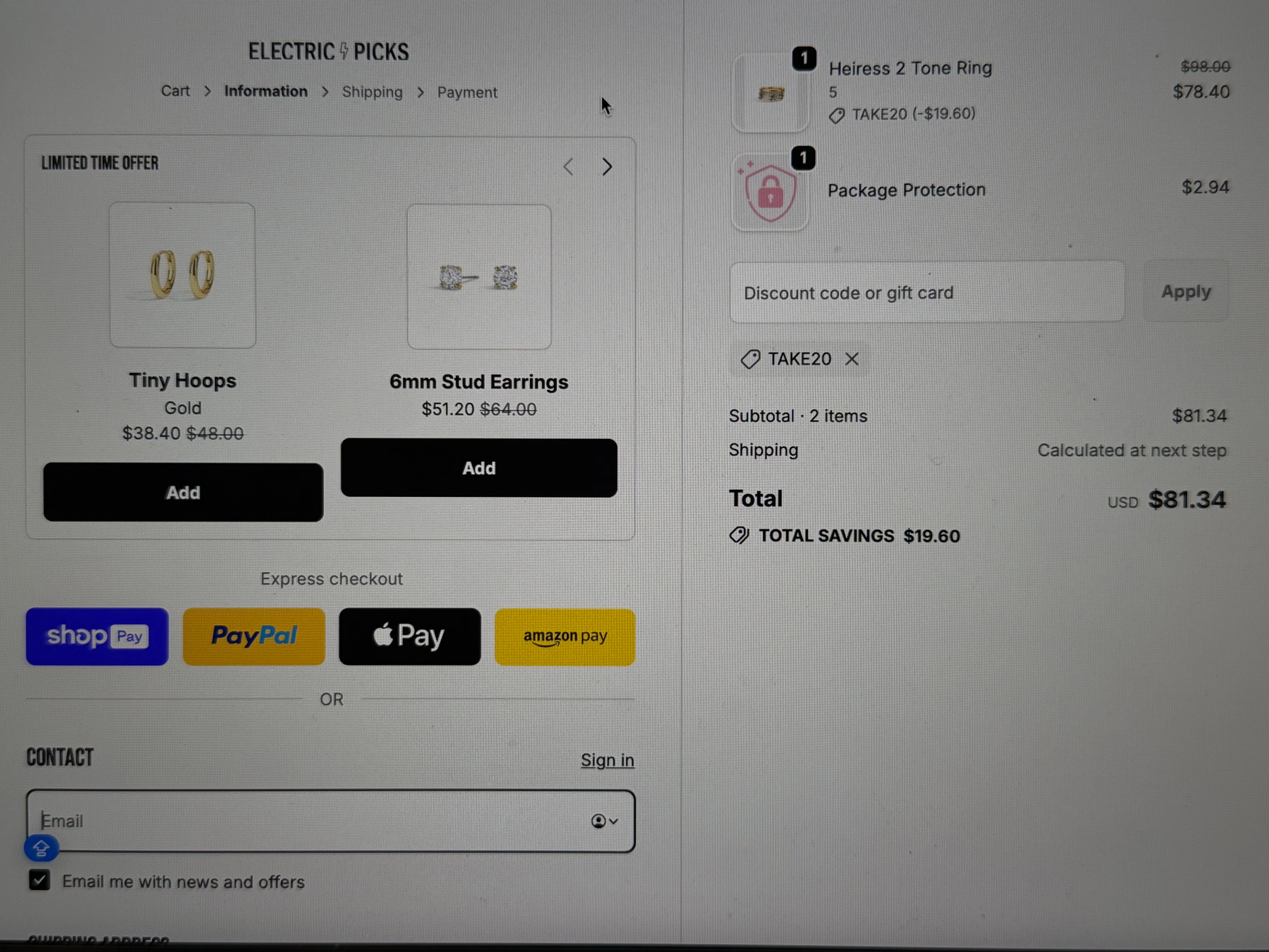 Electric Picks discount code screenshot showing code TAKE20 applied at Electric Picks checkout page. Uploaded by SimplyCodes community member WiseLegend2616 on Jan 10, 2026