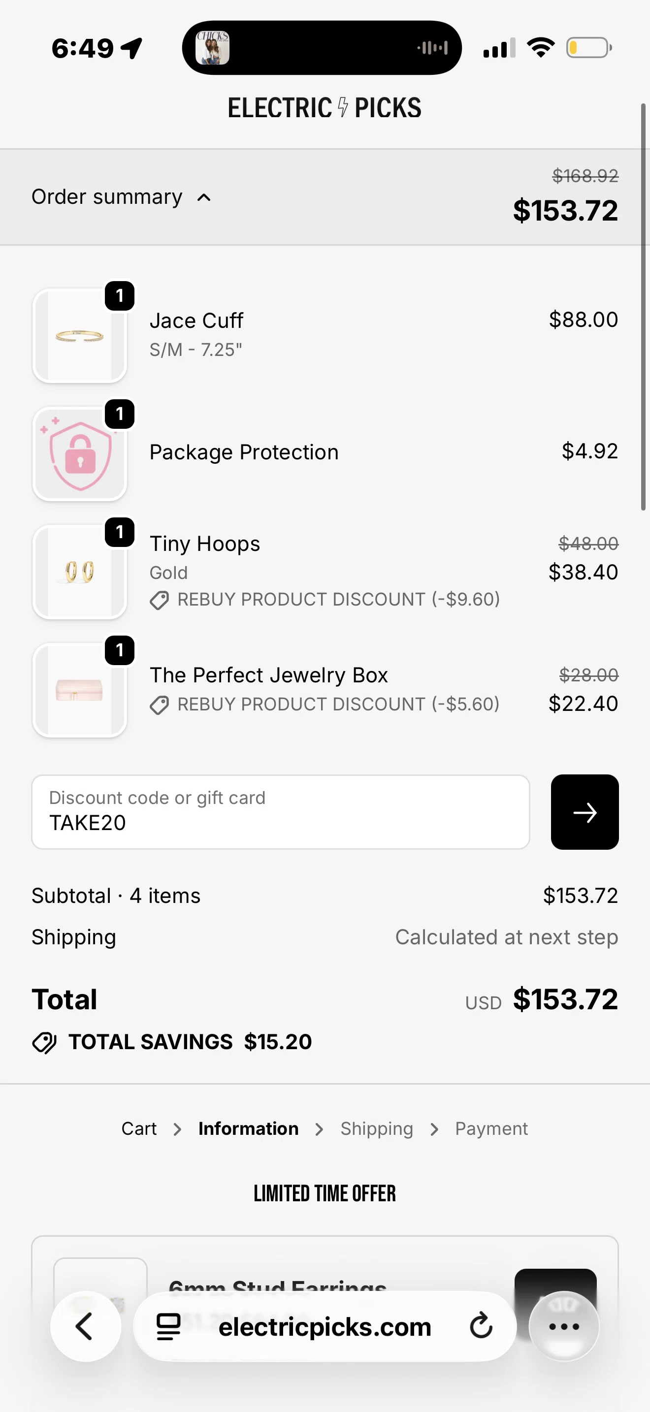 Electric Picks discount code screenshot showing code TAKE20 applied at Electric Picks checkout page. Uploaded by SimplyCodes community member CoinPioneer2399 on Jan 9, 2026