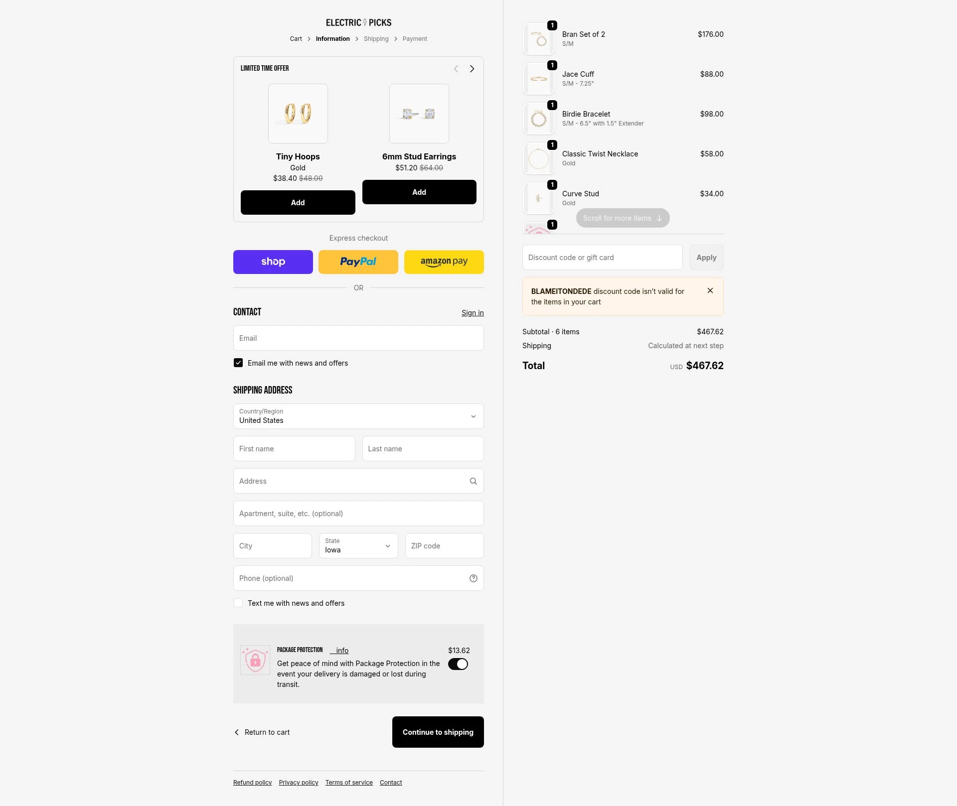Electric Picks checkout page showing Electric Picks discount code box | Screenshot taken by SimplyCodes community member on Feb 1, 2026