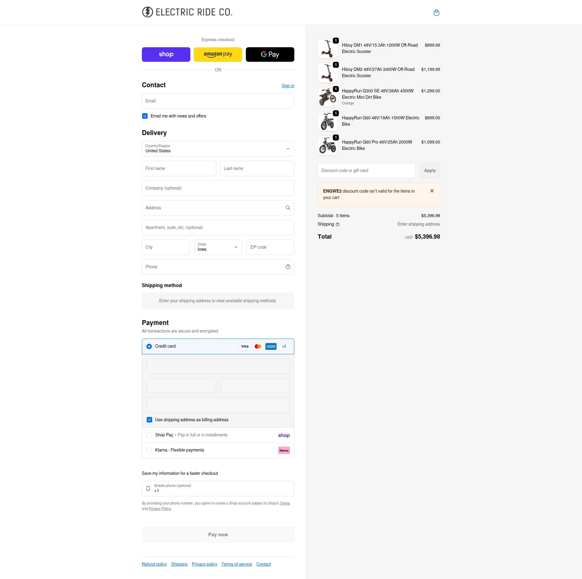 Electric Ride Co. checkout page showing Electric Ride Co. discount code box | Screenshot taken by SimplyCodes community member on Feb 13, 2026