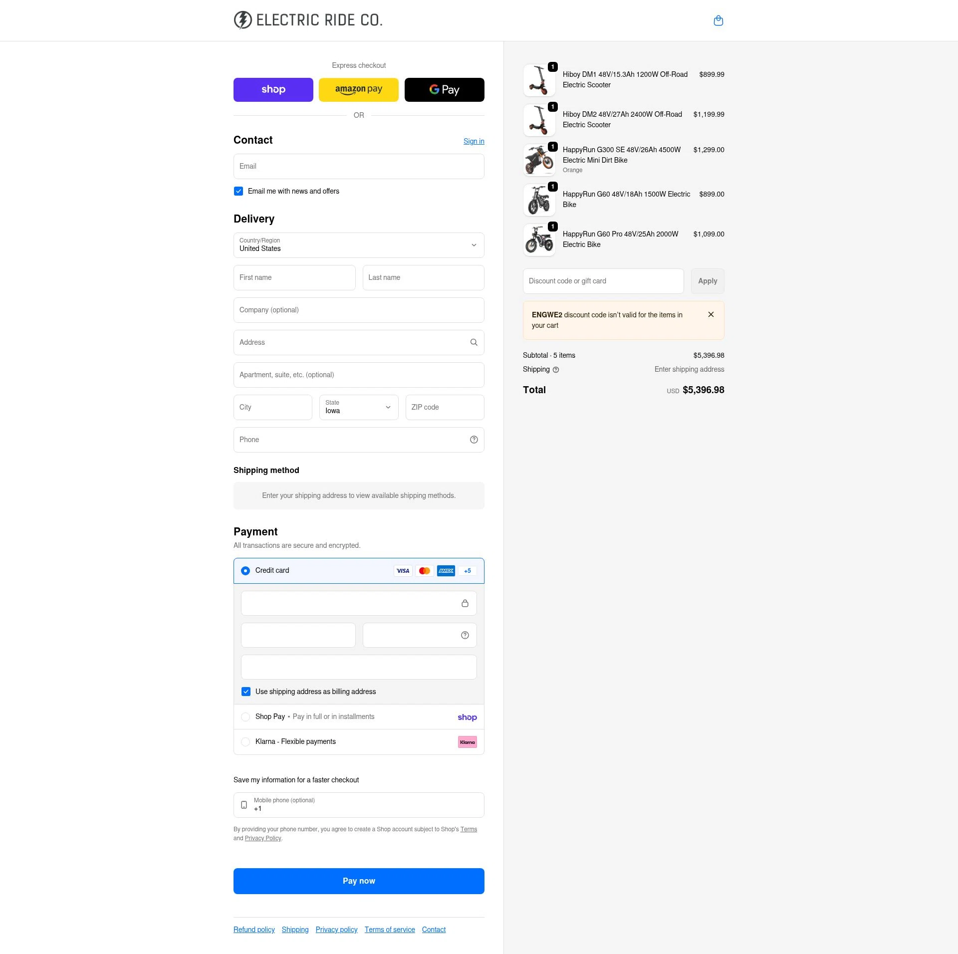 Electric Ride Co. checkout page showing Electric Ride Co. discount code box | Screenshot taken by SimplyCodes community member on Feb 17, 2026