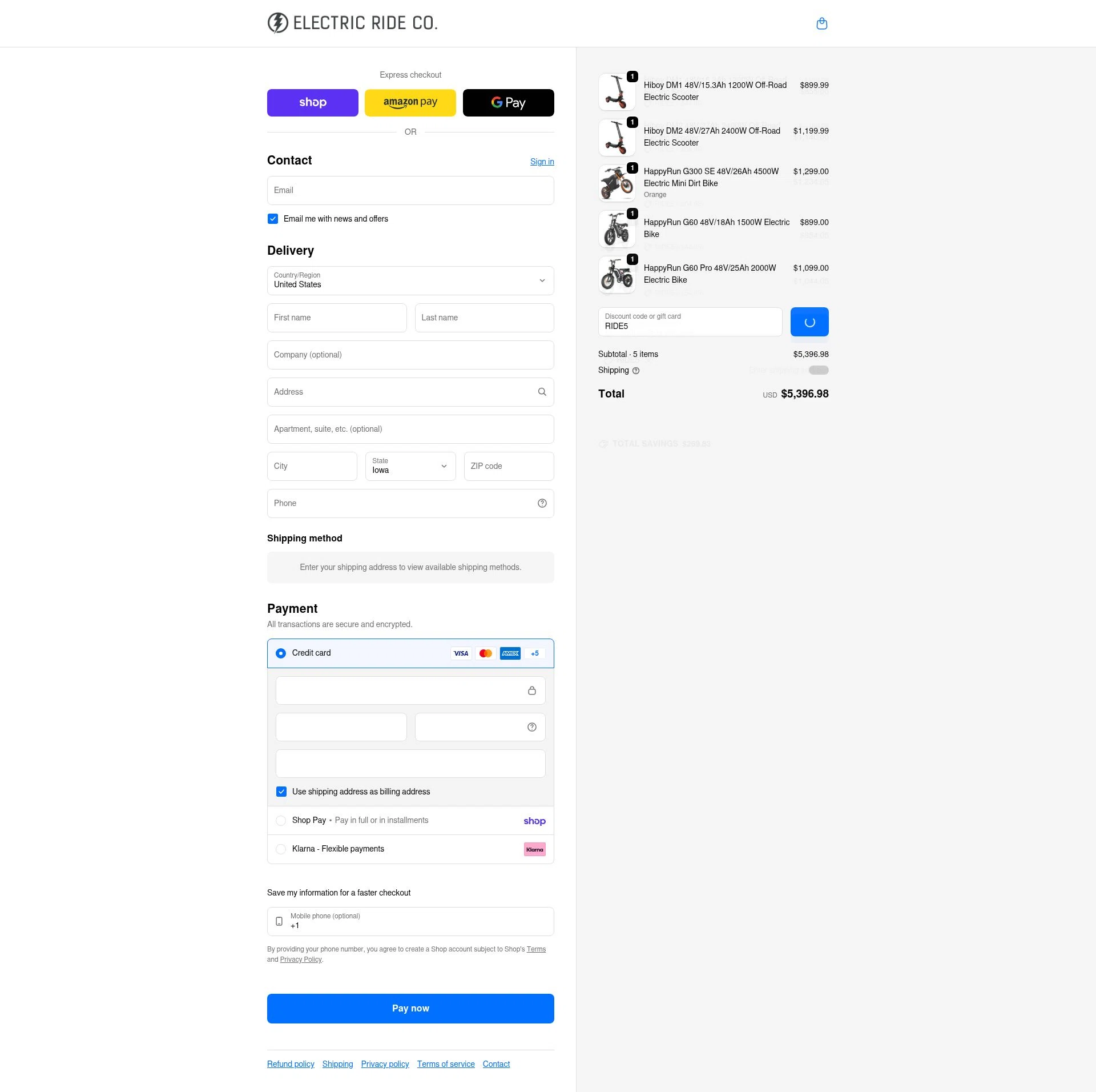 Electric Ride Co. checkout page showing Electric Ride Co. discount code box | Screenshot taken by SimplyCodes community member on Feb 13, 2026