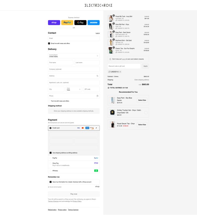 Electric & Rose Clothing checkout page showing Electric & Rose Clothing promo code box | Screenshot taken by SimplyCodes community member on Aug 29, 2025
