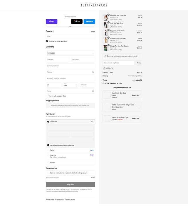 Electric & Rose Clothing checkout page showing Electric & Rose Clothing promo code box | Screenshot taken by SimplyCodes community member on Aug 29, 2025