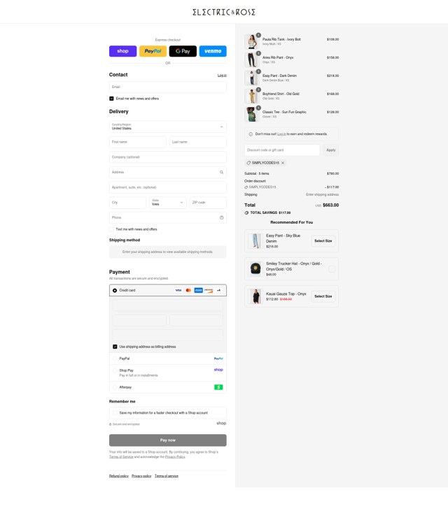 Electric & Rose Clothing checkout page showing Electric & Rose Clothing promo code box | Screenshot taken by SimplyCodes community member on Aug 29, 2025