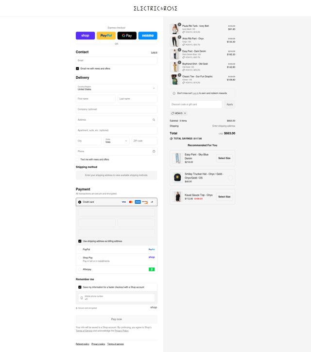 Electric & Rose Clothing checkout page showing Electric & Rose Clothing promo code box | Screenshot taken by SimplyCodes community member on Aug 29, 2025