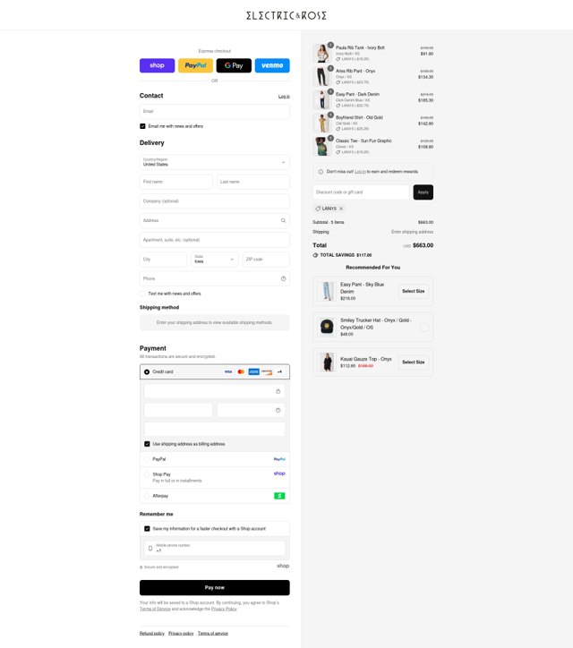 Electric & Rose Clothing checkout page showing Electric & Rose Clothing promo code box | Screenshot taken by SimplyCodes community member on Aug 29, 2025