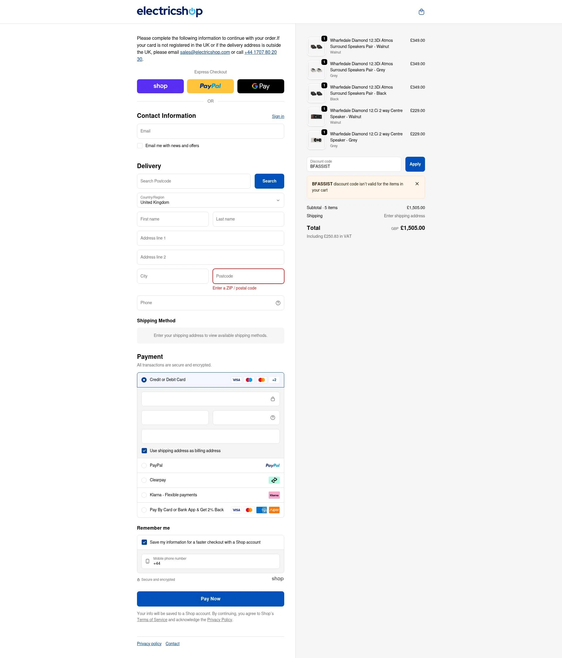 Electricshop checkout page showing Electricshop discount code box | Screenshot taken by SimplyCodes community member on Dec 6, 2025