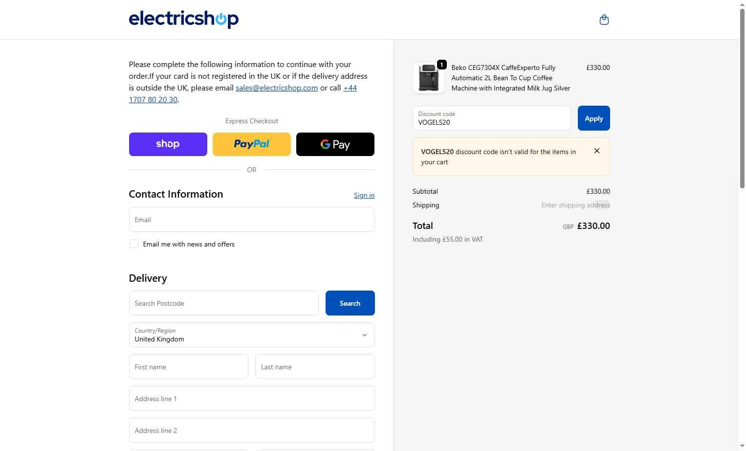 Electricshop checkout page showing Electricshop discount code box | Screenshot taken by SimplyCodes community member on Dec 12, 2025