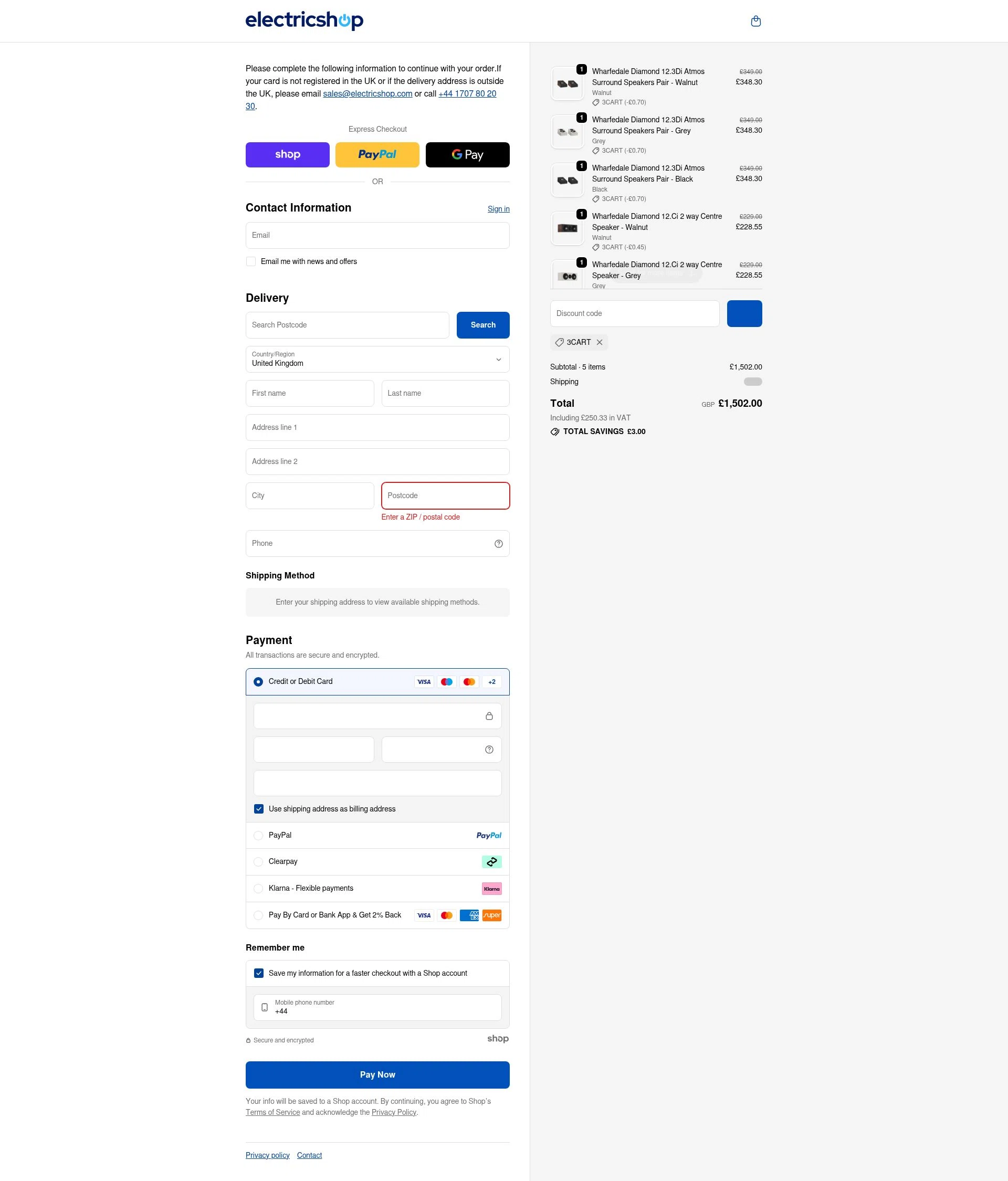 Electricshop checkout page showing Electricshop discount code box | Screenshot taken by SimplyCodes community member on Dec 6, 2025