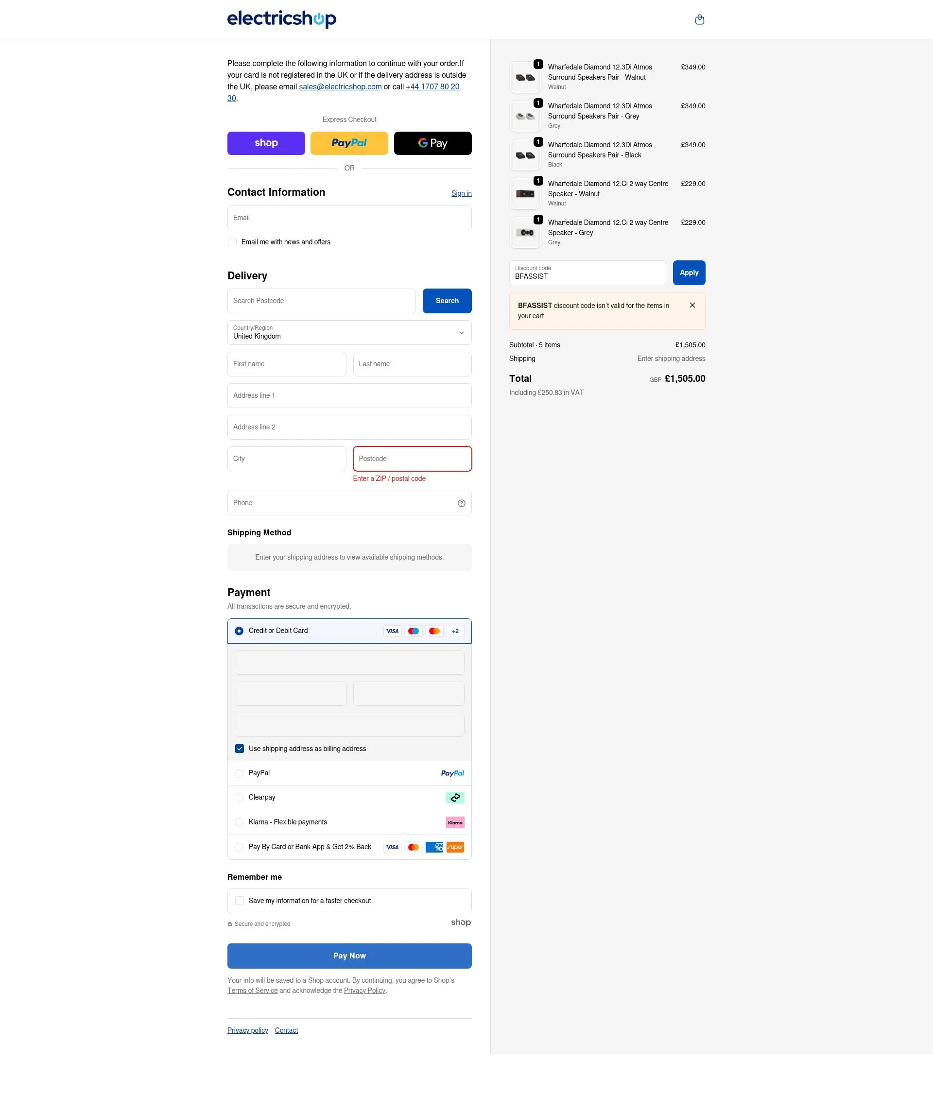 Electricshop checkout page showing Electricshop discount code box | Screenshot taken by SimplyCodes community member on Dec 12, 2025