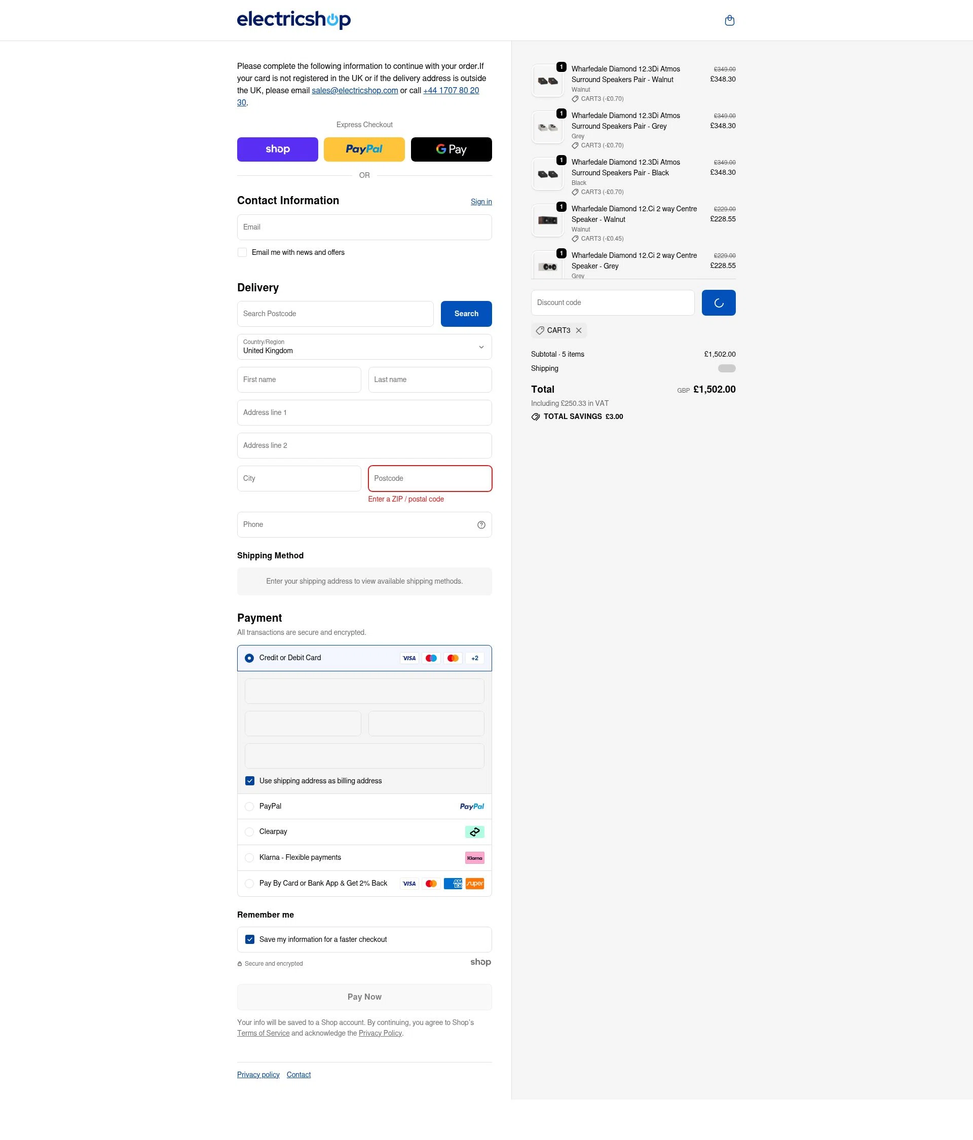 Electricshop checkout page showing Electricshop discount code box | Screenshot taken by SimplyCodes community member on Dec 12, 2025