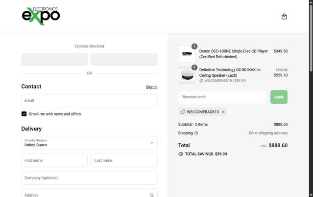 Electronics Expo checkout page showing Electronics Expo coupon code box | Screenshot taken by SimplyCodes community member on Sep 16, 2025