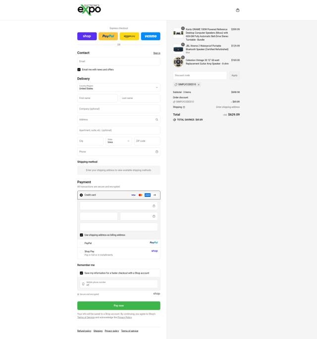 Electronics Expo checkout page showing Electronics Expo coupon code box | Screenshot taken by SimplyCodes community member on Sep 12, 2025