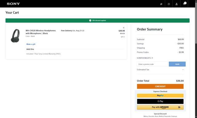 Sony Electronics checkout page showing Sony Electronics promo code box | Screenshot taken by SimplyCodes community member on Aug 20, 2025