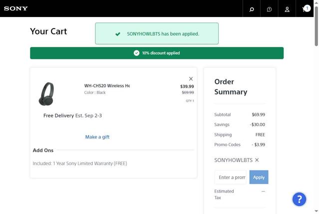 Sony Electronics checkout page showing Sony Electronics promo code box | Screenshot taken by SimplyCodes community member on Aug 28, 2025