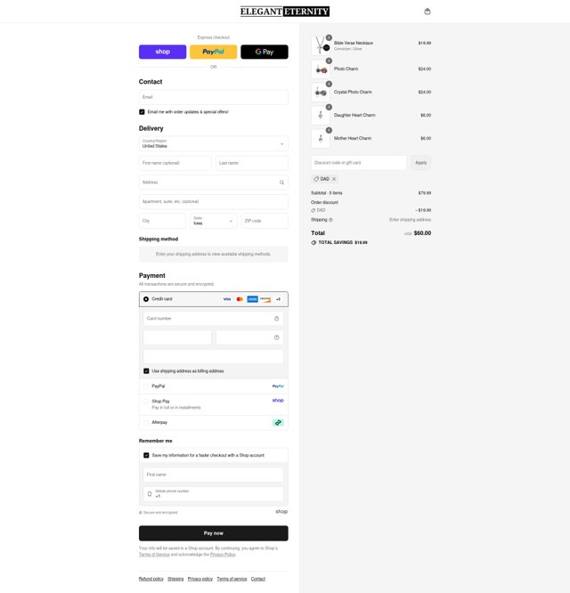 Elegant Eternity checkout page showing Elegant Eternity discount code box | Screenshot taken by SimplyCodes community member on Sep 4, 2025