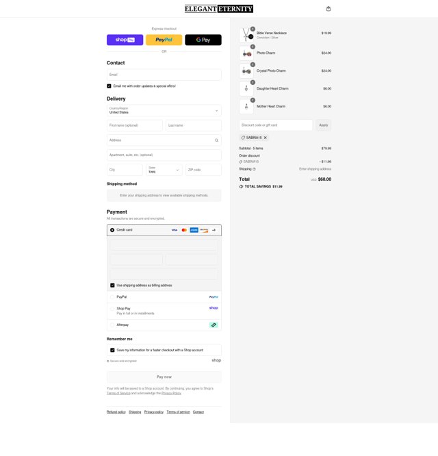 Elegant Eternity checkout page showing Elegant Eternity discount code box | Screenshot taken by SimplyCodes community member on Aug 27, 2025